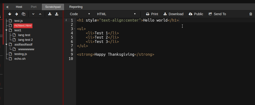 PenTest.WS Scratchpad code editor in dark theme with a file tree and HTML syntax highlighting