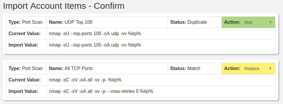 Import Account Items confirmation comparing current and imported Nmap scan templates with Skip and Replace actions