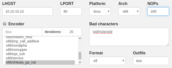 Venom Builder form with LHOST, LPORT, platform, arch, encoder and bad characters, plus a new NOPs field set to 200