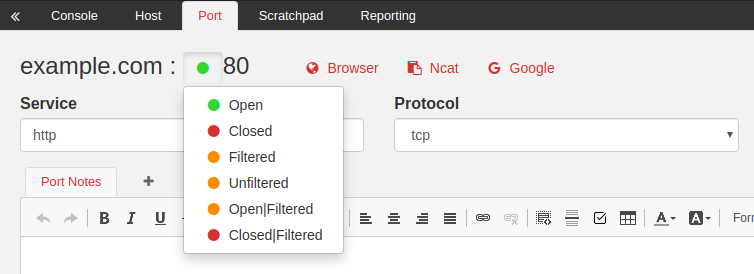 Port page dropdown for port 80 listing Nmap port states Open, Closed, Filtered and Unfiltered