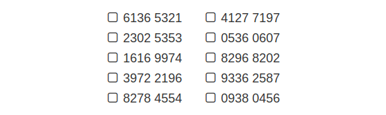 List of ten 8-digit two-factor authentication backup codes with checkboxes