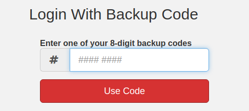Login With Backup Code form prompting for an 8-digit backup code