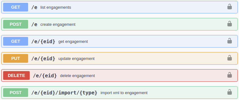 Swagger API docs listing GET, POST, PUT and DELETE engagement endpoints and an XML import endpoint