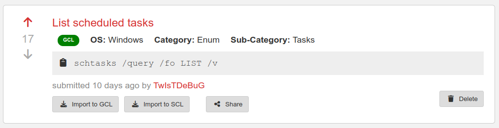 Submitted Community Repo command card showing the Delete button available to its author