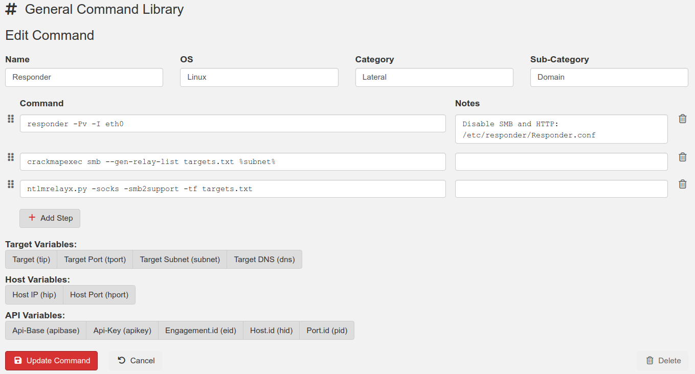 Edit Command form with three command steps, per-step notes, Add Step button, and target, host, and API variables