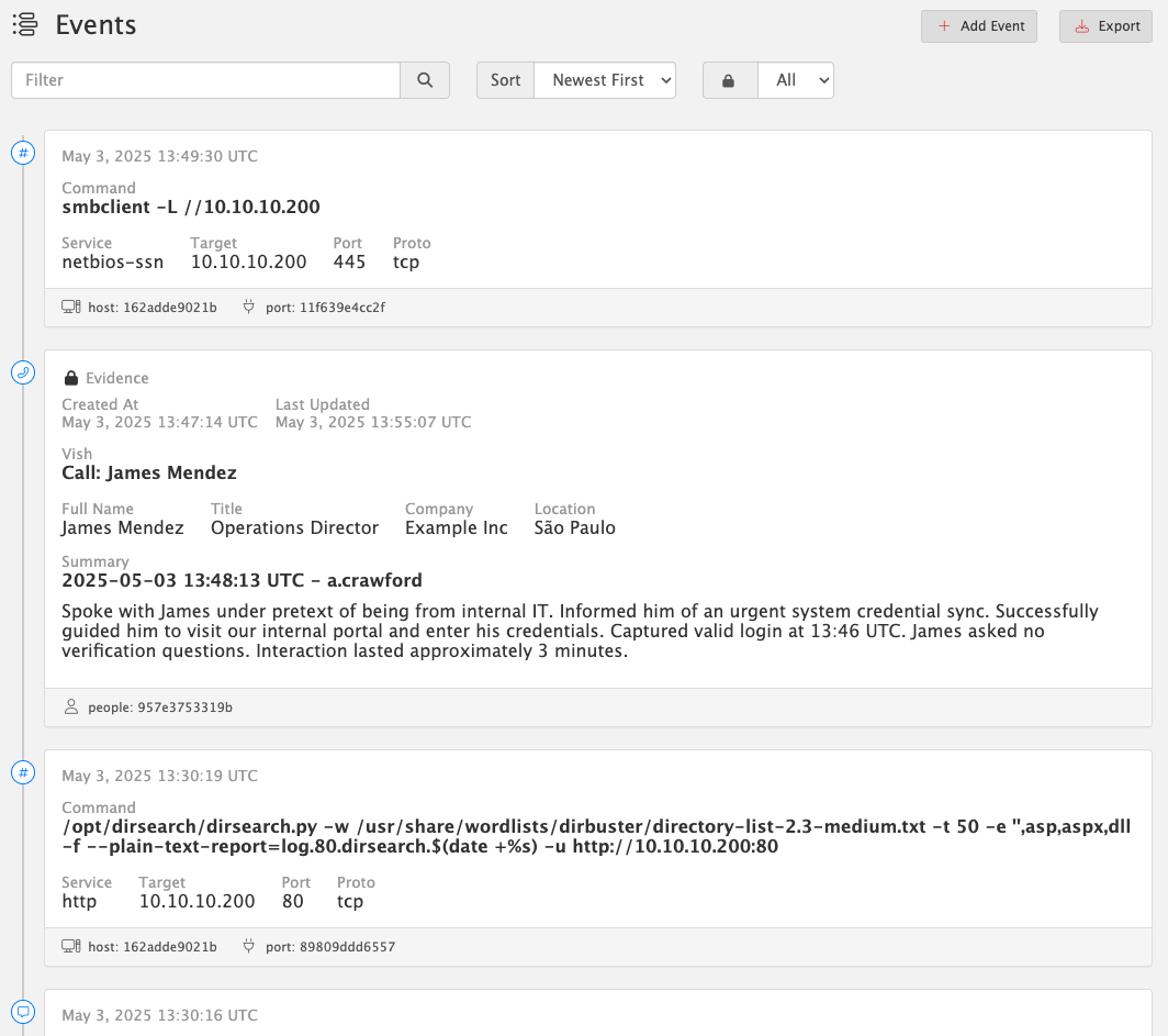 Events Timeline with UTC-stamped commands linked to hosts and ports and a locked Evidence vishing call event