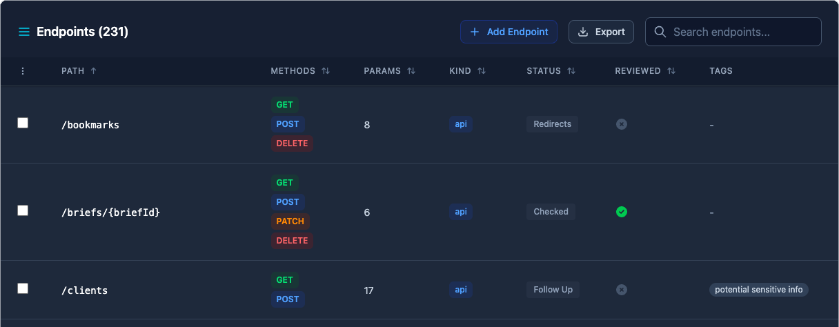 Neuron web application endpoints table with paths, HTTP methods, parameter counts, status, review state, and tags
