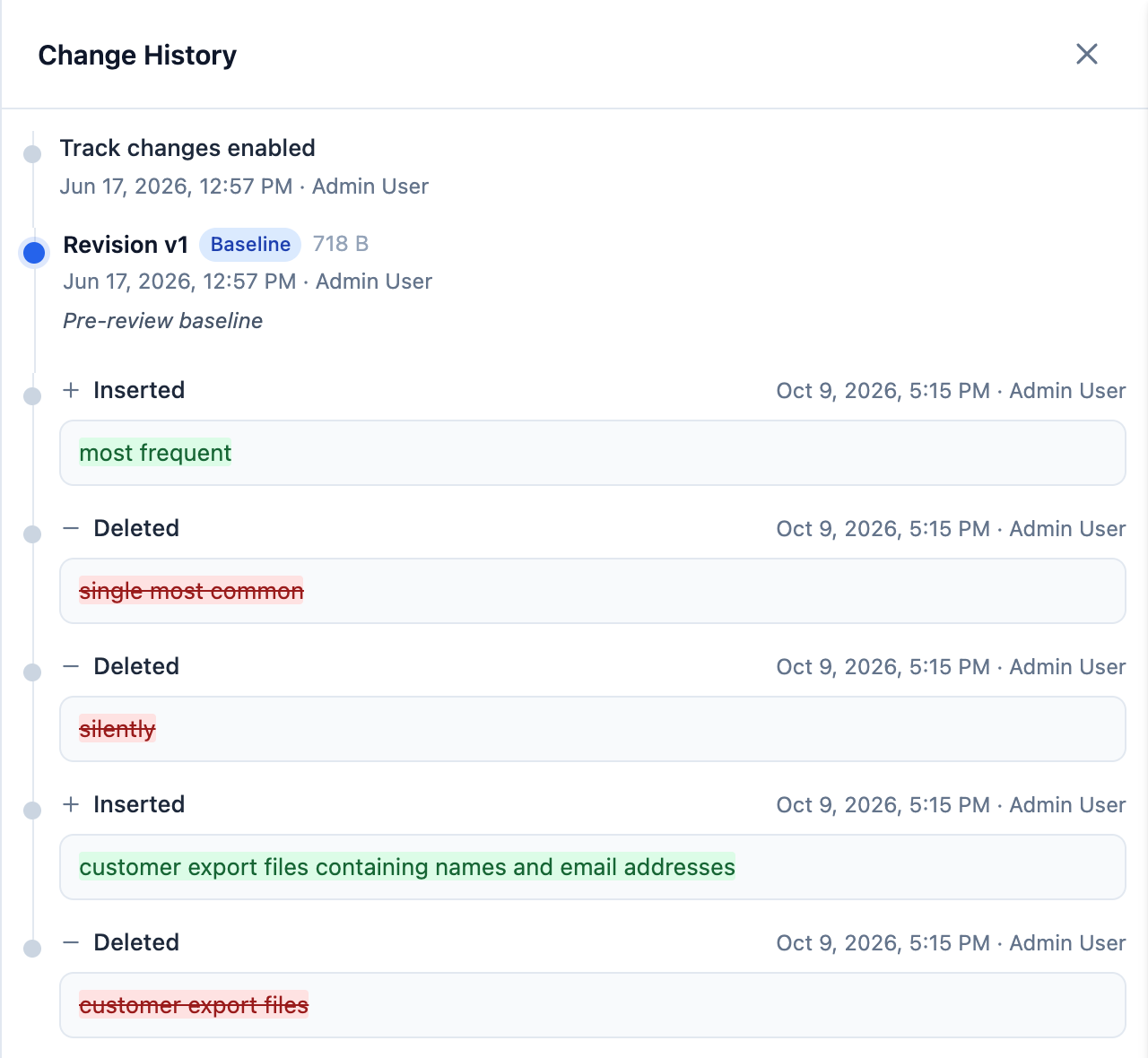 Neuron document history panel listing a baseline revision and individual tracked insertions and deletions, each with author and timestamp