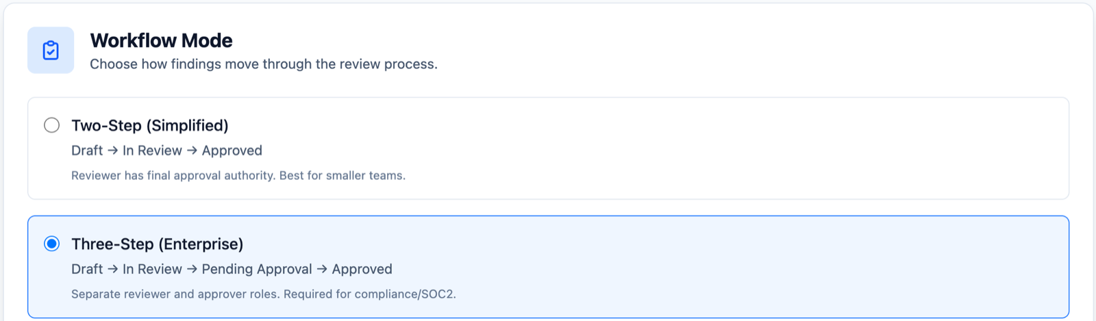 Neuron QA Pipeline Workflow Mode settings showing Two-Step (Simplified) and Three-Step (Enterprise) review options