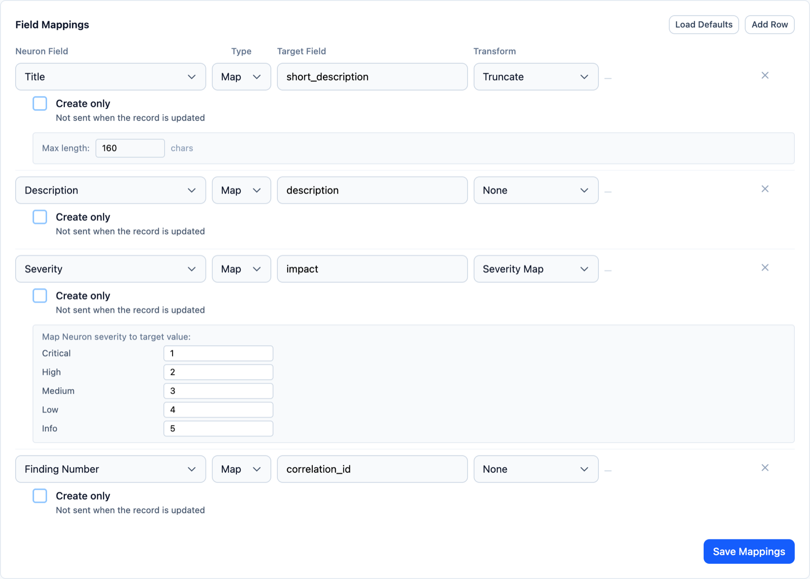 Neuron push profile field mappings sending title, description, impact, severity and finding number to ServiceNow fields, with truncate and severity map transforms