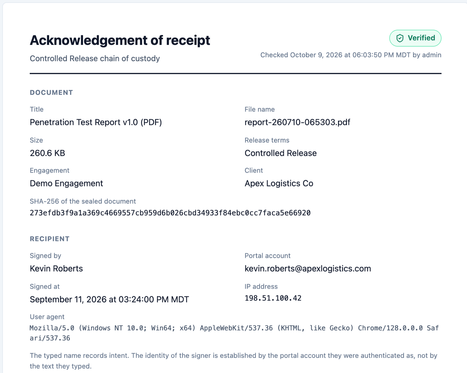 Neuron Acknowledgement of receipt page for a Controlled Release report, marked Verified, showing the document, its SHA-256 hash, the signer, portal account, signing time and IP address