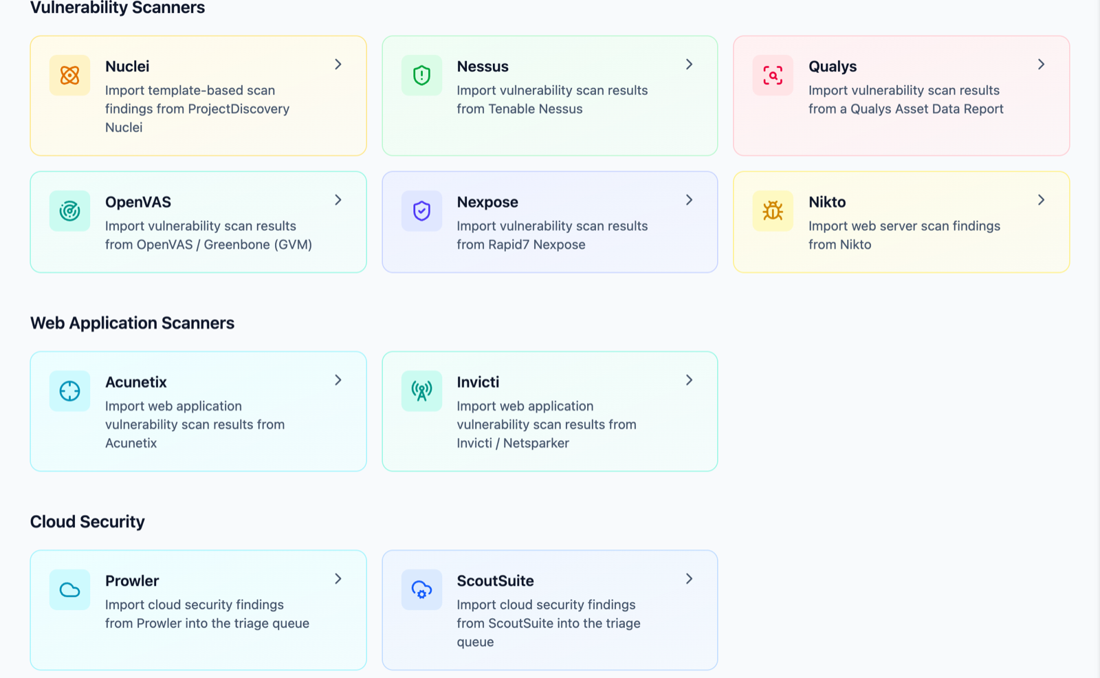 Neuron Import Data page listing vulnerability scanners (Nuclei, Nessus, Qualys, OpenVAS, Nexpose, Nikto), web application scanners (Acunetix, Invicti), cloud security tools (Prowler, ScoutSuite) and MobSF