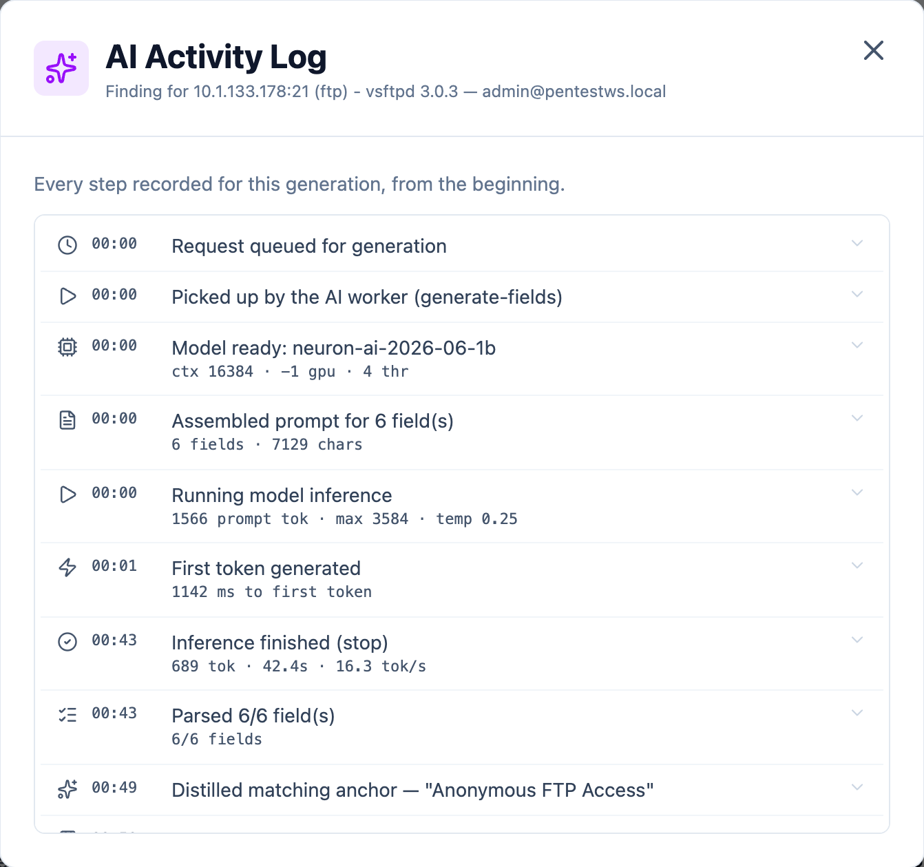 Neuron AI Activity Log for one finding generation, listing each step from queueing and model load through inference, tokens per second, parsed fields and the library matching anchor