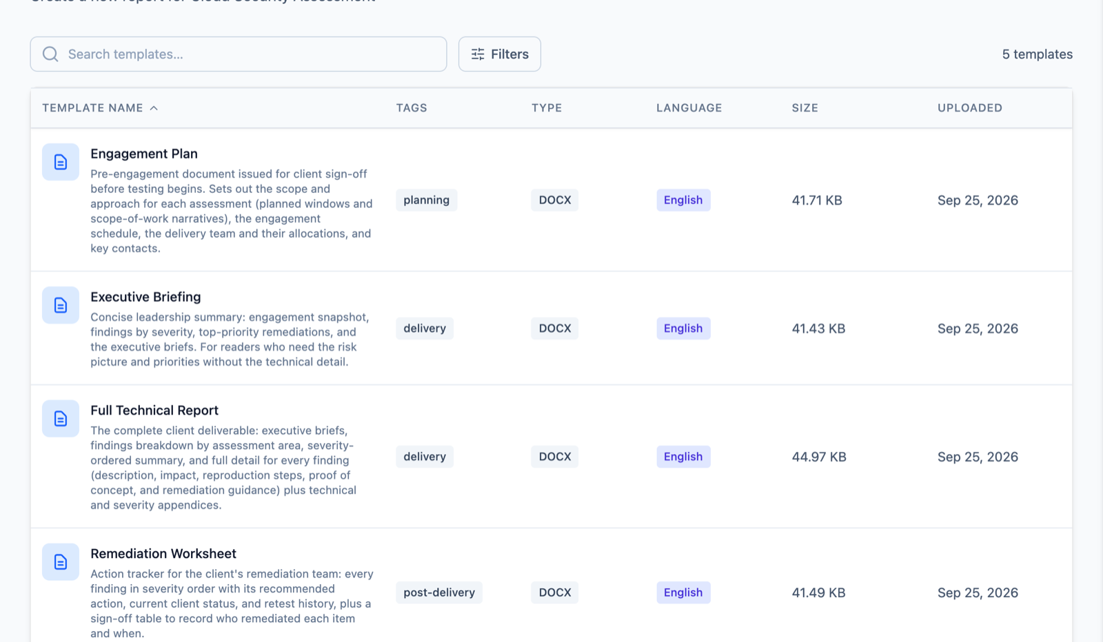 Neuron Generate Report page listing report templates with tags, type and a Language column